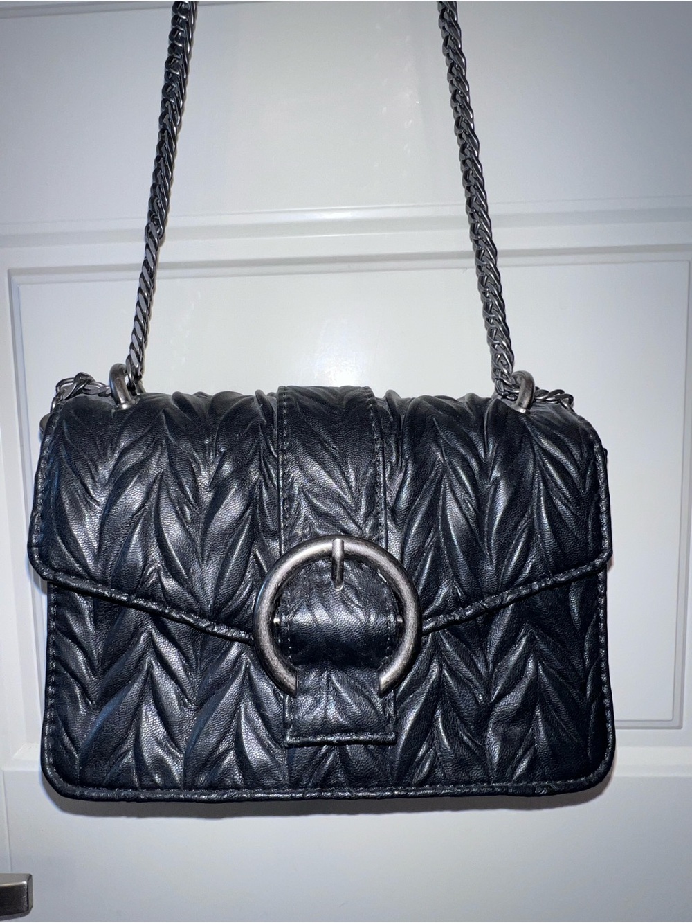 ZARA Black Quilted FAUX Leather Crossbody Shoulder Bag with Metal Ring